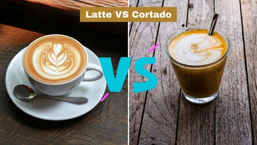 Photo of a latte on the left and a cortado on the right. Latte vs cortado.