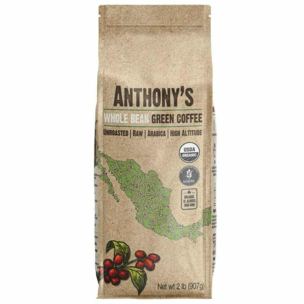 Brown package of Anthony's whole bean unroasted coffee.