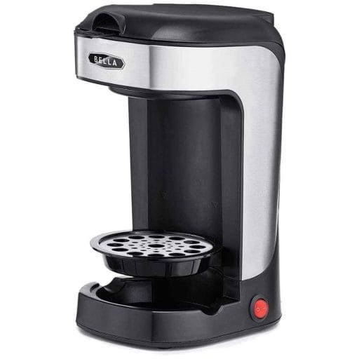 Photo of a black and silver Bella single serve coffee maker.