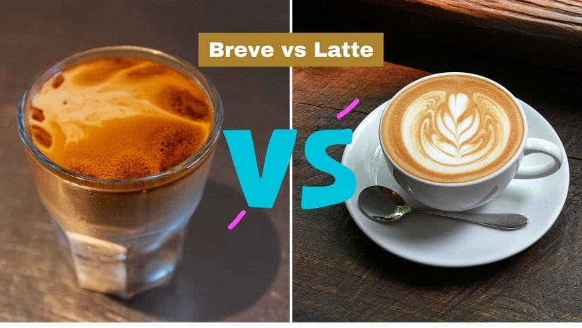Photo of a breve coffee on the left and a latte on the right. Breve vs Latte.
