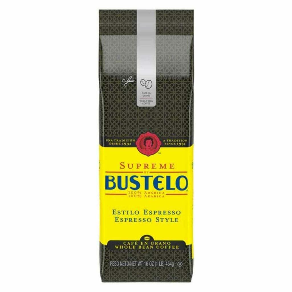 Photo of a black and yellow package of Bustelo supreme whole bean coffee.