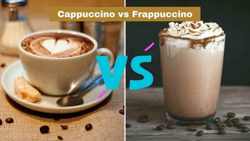 Photo of a cappuccino on the left and a frappuccino on the right. Cappuccino vs Frappuccino