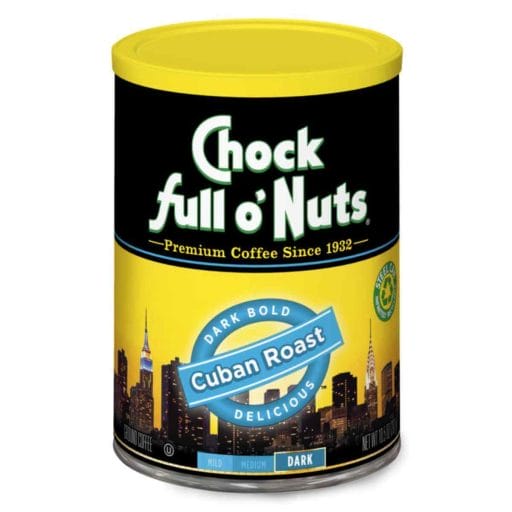 Photo of a black and yellow can of Chock Full O’ Nuts Cuban Roast coffee.