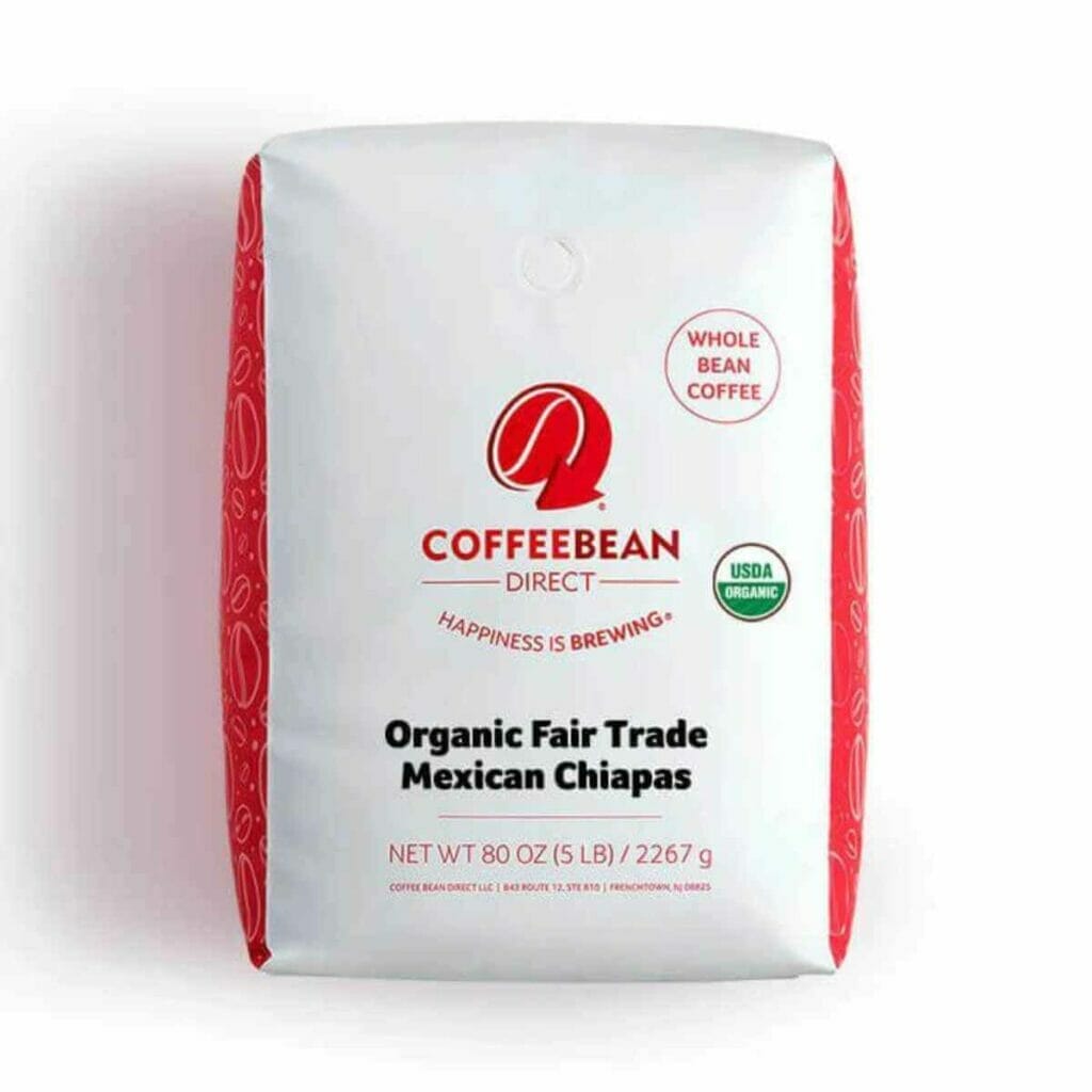 Red and white package of Coffee Bean Direct Organic Whole Bean Coffee.