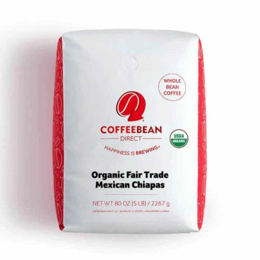 Red and white package of Coffee Bean Direct Organic Whole Bean Coffee.