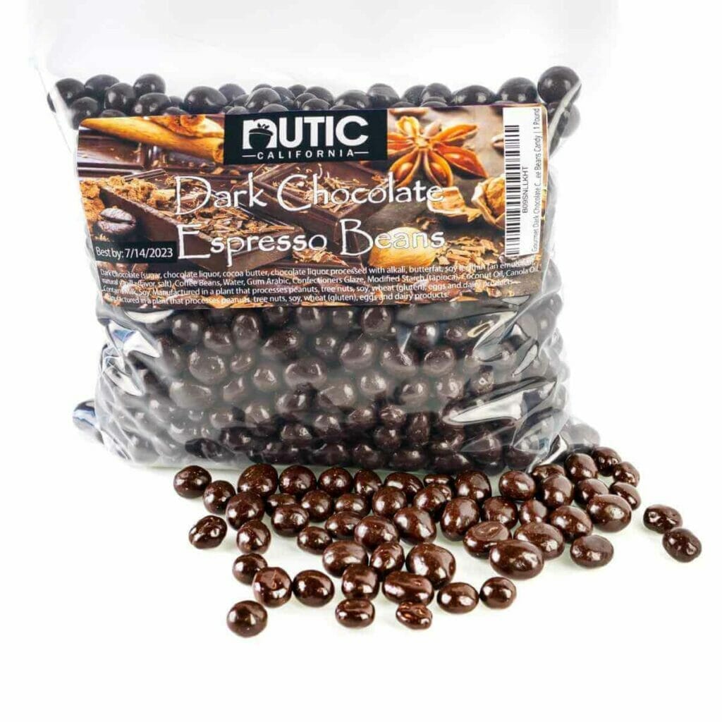 Photo of bag of dark chocolate espresso beans. Coffee beans covered with dark chocolate.