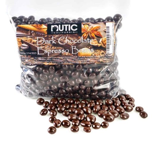 Photo of bag of dark chocolate espresso beans. Coffee beans covered with dark chocolate.