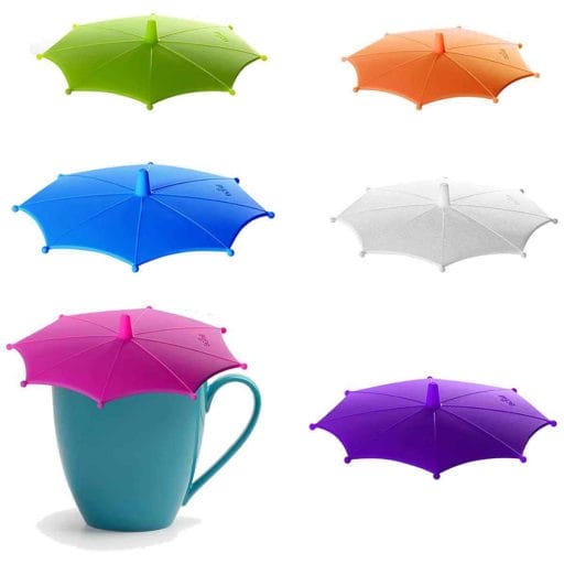 Photo of coffee mug umbrellas to keep the coffee warm in several colors (green, orange, blue, pink, purple and white).