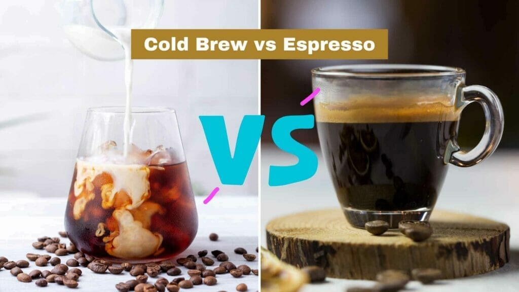 Photo of cold brew on the left and an espresso on the right. Cold Brew vs Espresso