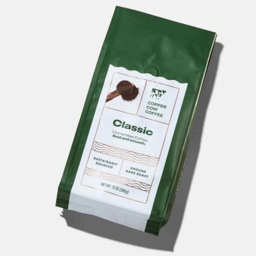 Photo of a green package of copper cow coffee classic.