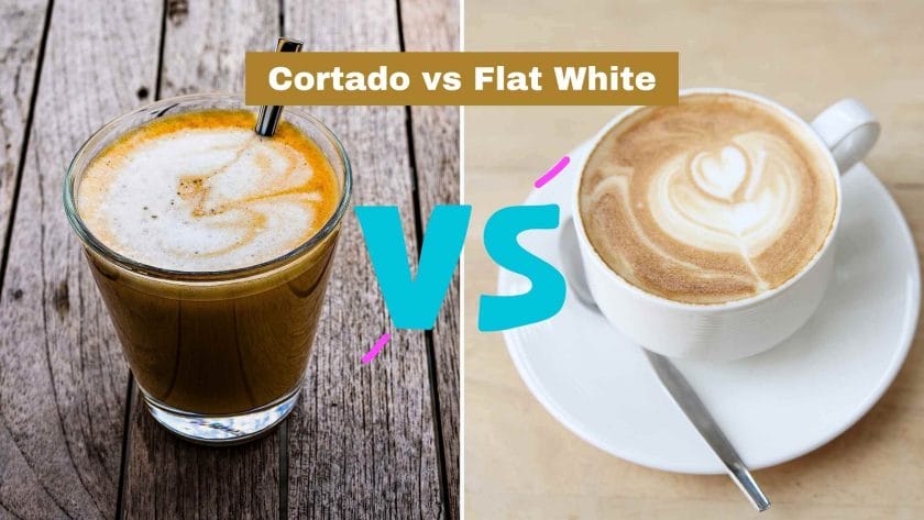 Photo of a cortado on the left and a flat white on the right. Cortado vs Flat White
