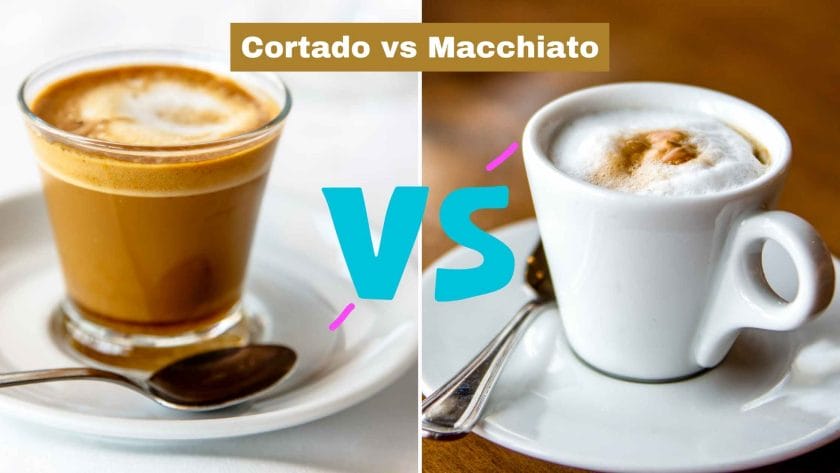 Photo of a Cortado and a MAcchiato side by side. Cortado vs Macchiato.