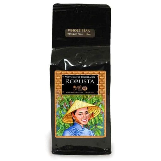Photo of a black package of Dalat Highlands Robusta Whole Bean Coffee from Lens Coffee