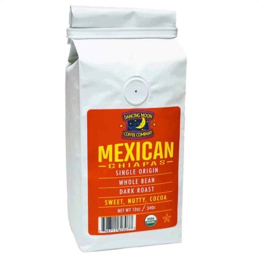 White package with red label of dancing moon Mexican chiapas coffee.