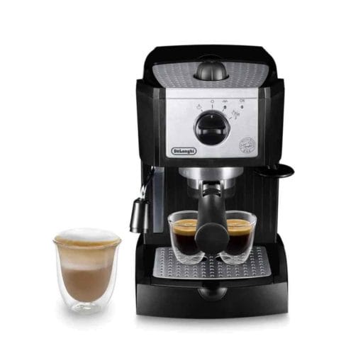 Photo of a black and silver Delonghi espresso machine.