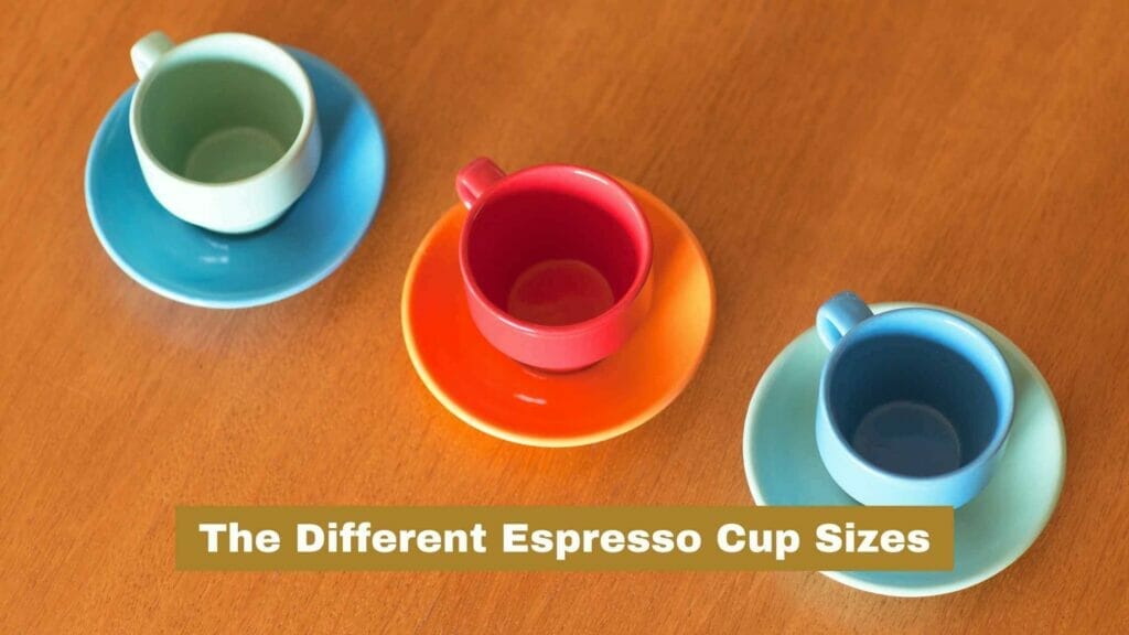 Photo of three different color espresso cups. Espresso cup sizes.