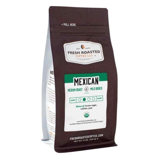 Brown and white package of fresh roasted organic Mexican coffee.