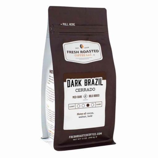 Photo of a white and brown package of Fresh Roasted Coffee Dark Brazil Cerrado.