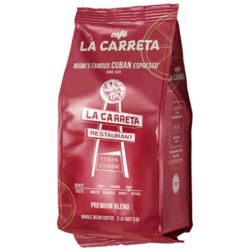 Red package of La Carreta whole bean coffee.