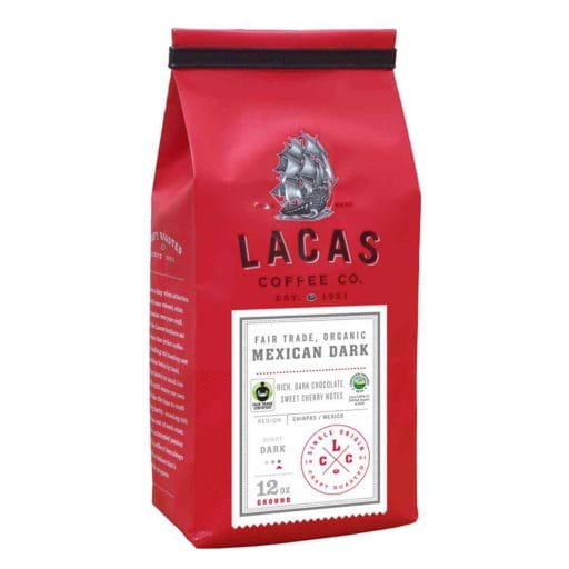 Photo of a red package with a logo of a boat. Lacas Coffee Company - Dark Roast Mexican Coffee