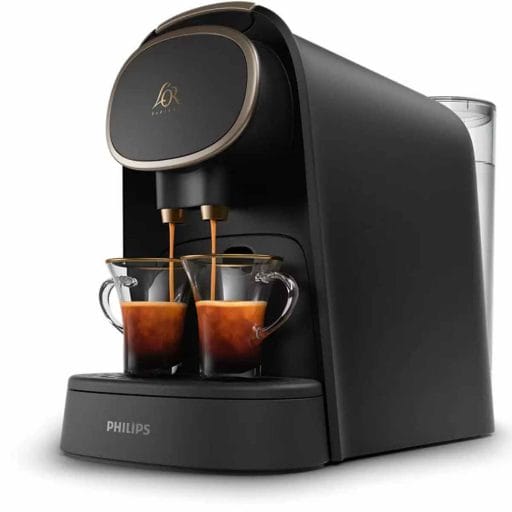 Photo of a black with gold accents LOR Barista espresso machine.