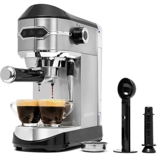 Photo of a silver Mixpresso espresso maker and black attachments by its side.