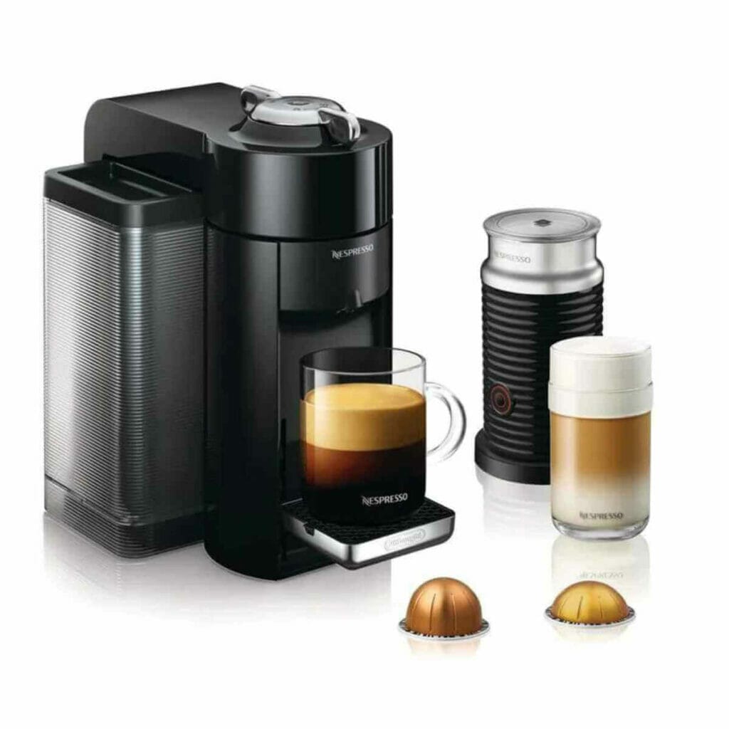 Photo of a piano black Nespresso Vurtuo Espresso Machine by De'Longhi with Milk Frother.