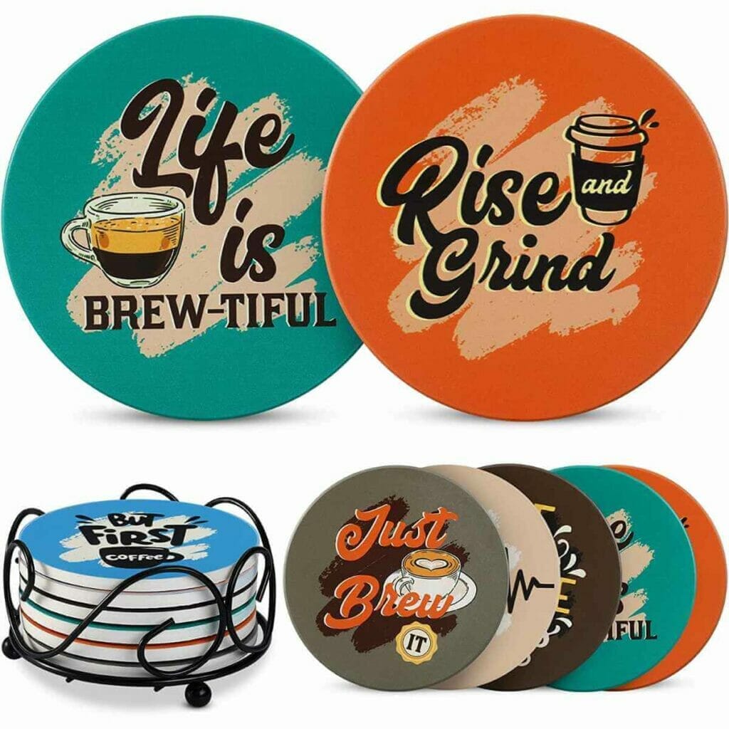 Photo of several different quirky coffee coasters.