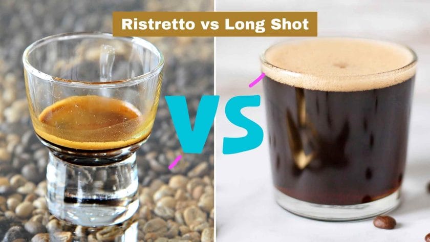 Photo of a ristretto coffee on the left and a long shot on the right coffee. Ristretto vs Long Shot.