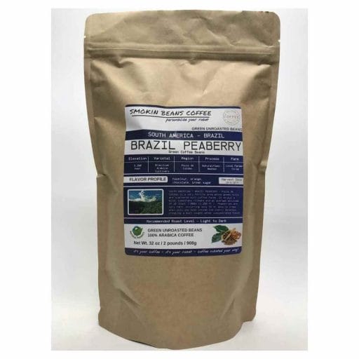 Photo of a brown package of Smokin Beans coffee Brazilian green coffee beans.