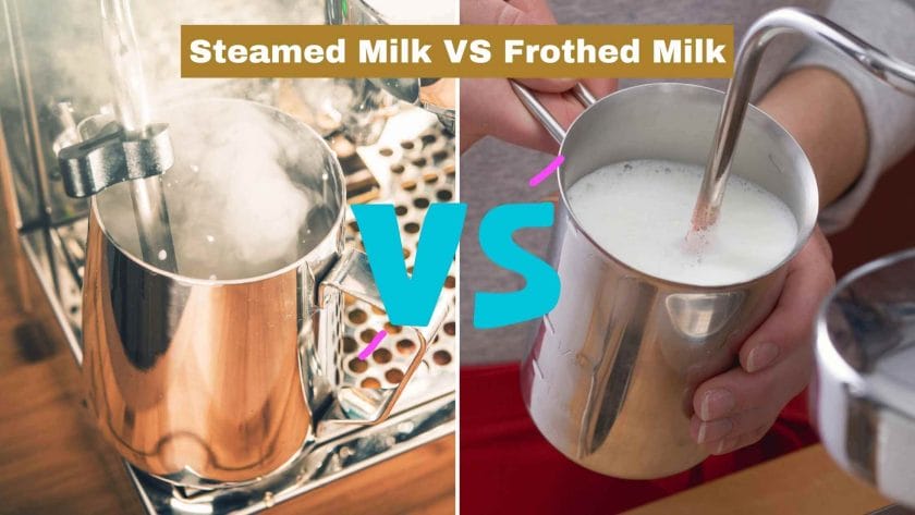 Photo of milk being steamed onthe left and milk being frothed on the right. Steamed milk vs frothed milk
