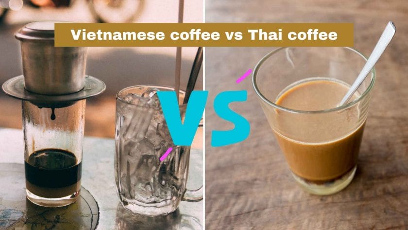 Photo of Vietnamese coffee on the left and Thai coffee on the right. Vietnamese coffee vs Thai coffee