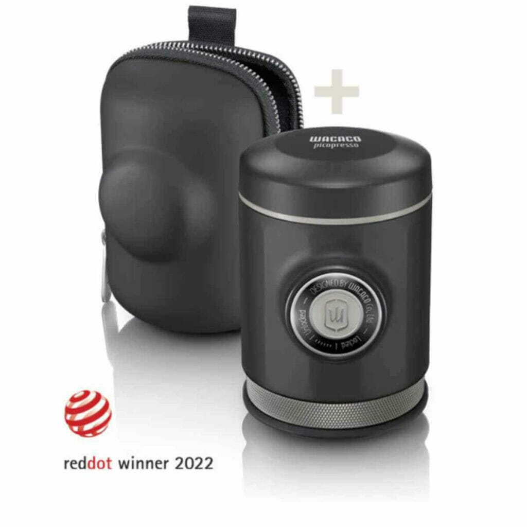 Photo of a black WACACO Picopresso Portable Espresso Maker Bundled with Protective Case.