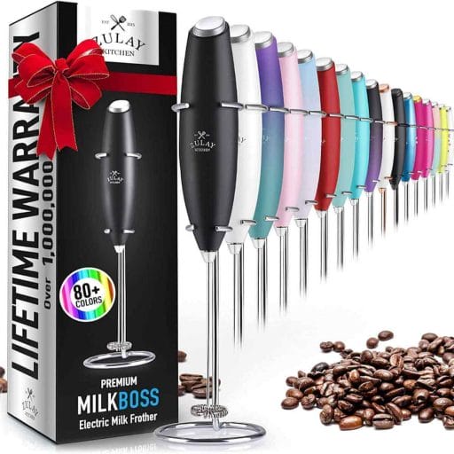 Photo of several Zulay milk frothers in different colors.