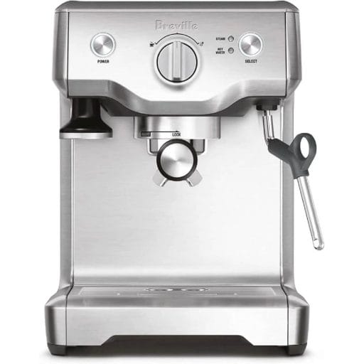 Photo of a stainless steel Breville Duo Temp Pro Espresso Machine with a steaming wand.