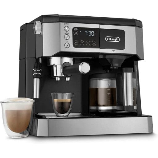 Photo of a De-Longhi Coffee Maker and Espresso Machine with stainless steel front and black plastics, a touch screen showing the time and a steamer.