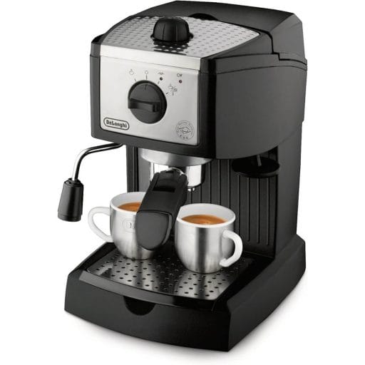 Photo of a black and silver De’Longhi Espresso and Cappuccino Maker making two espresso coffees.