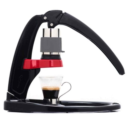 Photo of a manual black and red Flair Espresso Maker.