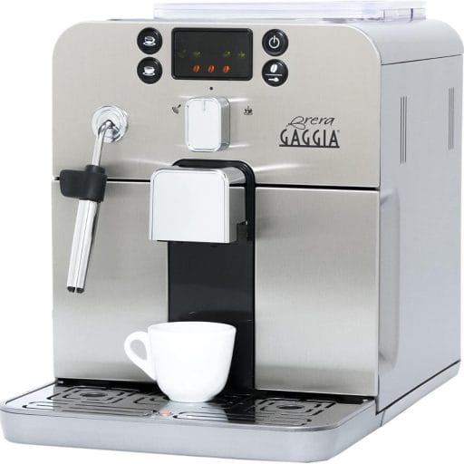 Photo of a silver Gaggia Brera Super Automatic Espresso Machine with milk frother and hot water dispenser.