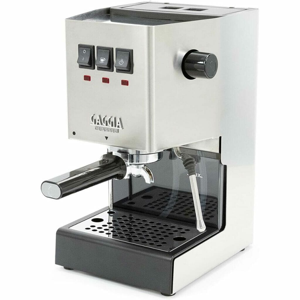 Photo of a brushed stainless steel semi-automatic Gaggia Classic Pro Espresso Machine.