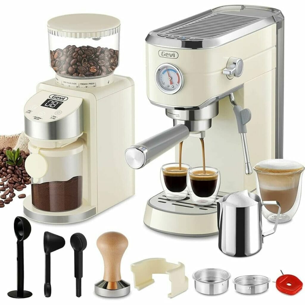 Photo of a cream color Gevi Professional Espresso Machine with pressure gauge, a grinder, and adjustable frother taking two cups of espresso.