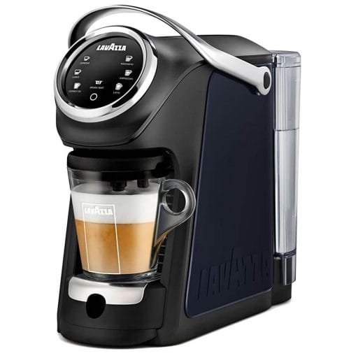 Photo of a black Lavaza capsule coffee machine making a cappuccino.