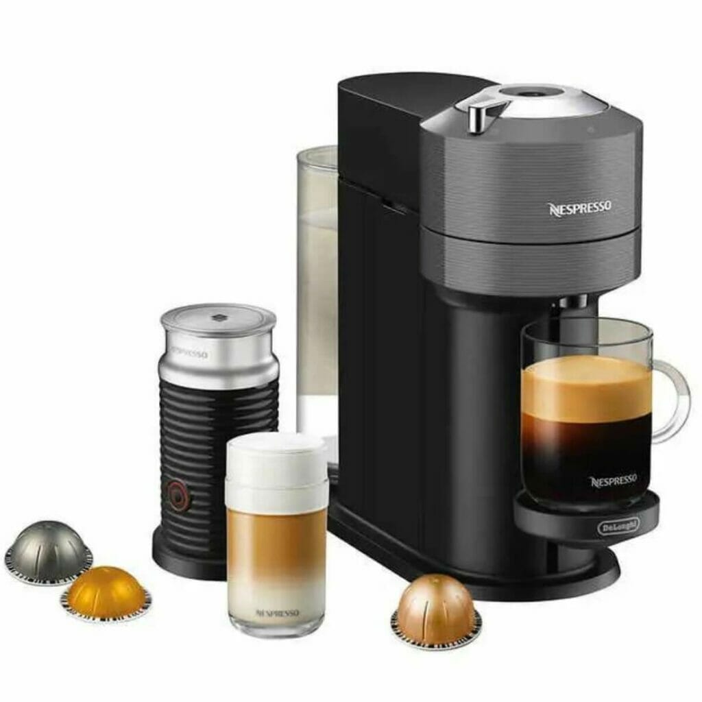 Photo of a black and silver Nespresso Vertuo Coffee and Espresso Machine making a long espresso coffee.