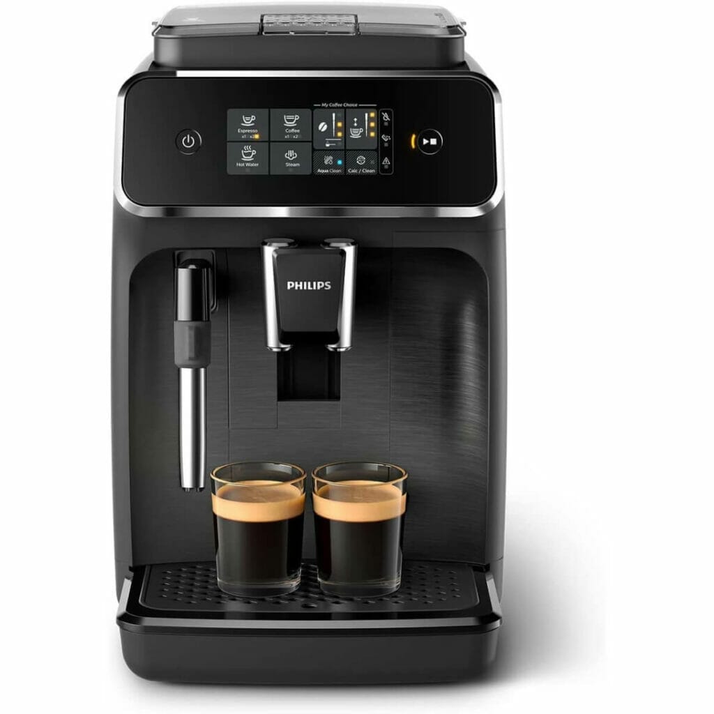 Photo of a black Philips Automatic Espresso Machine, making two espresso shots.