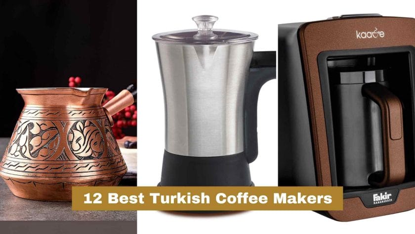 Photo of a Brentwood Turkish coffee maker in the middle. A Volarium Turkish coffee pot on the right side, and a Fakir Kaave Electric Turkish coffee maker on the right side. Best Turkish coffee makers.