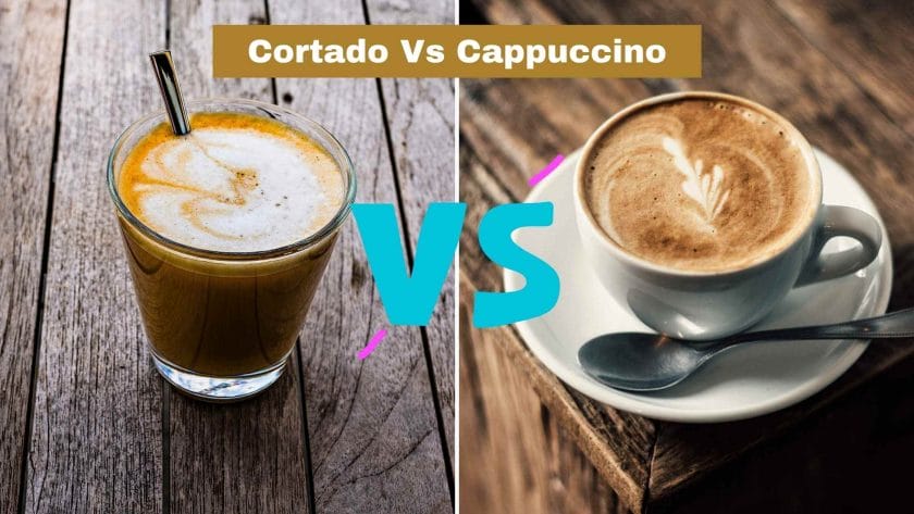 Photo of a cortado on the left and a cappuccino on the right. Cortado Vs Cappuccino.