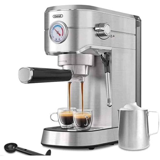 Photo of a silver Gevi Espresso Coffee Maker making two cups of espresso coffee.