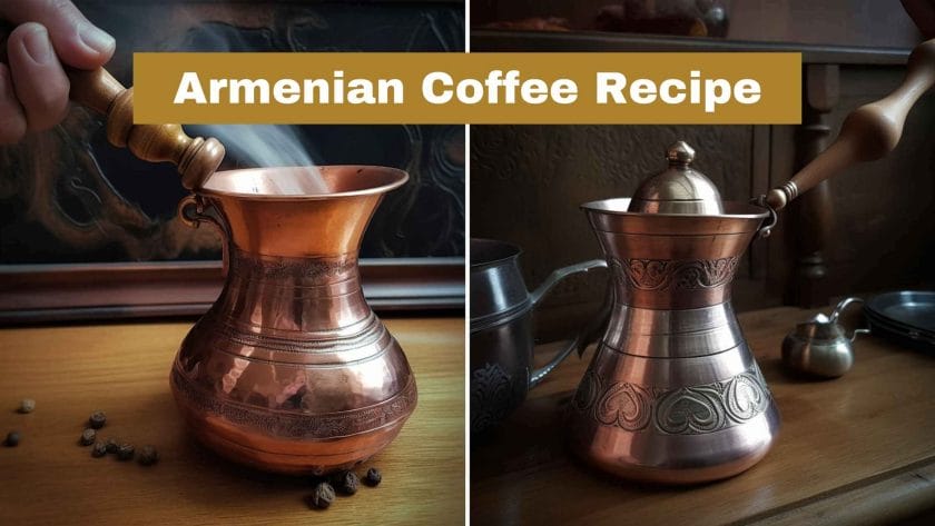 Photo of two Armenian coffee brass pots with prepared Armenian coffee. How to Make Armenian Coffee?