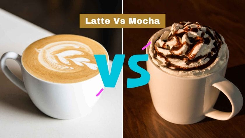 Photo of a latte on the left with a flower art, and a mocha on the right with chocolate topping. Latte Vs Mocha.
