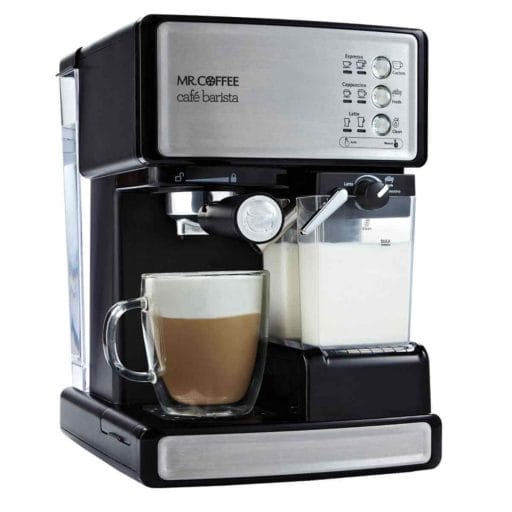 Photo of a black and silver Mr.Coffee café barista coffee machine.
